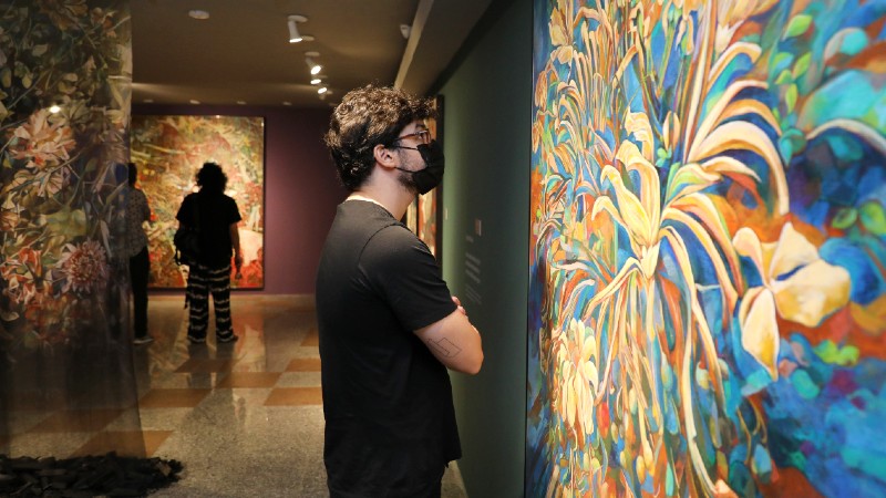 Na imagem, o artista visual Cadeh Juaçaba contempla obra de Sérgio Helle na exposição