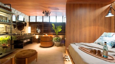 A suíte Nagoya, projetada pelo arquiteto Afonso Tomoda, é um dos ambientes da CasaCor Ceará planejados por egressos da Unifor (Foto: Esdras Guimarães)