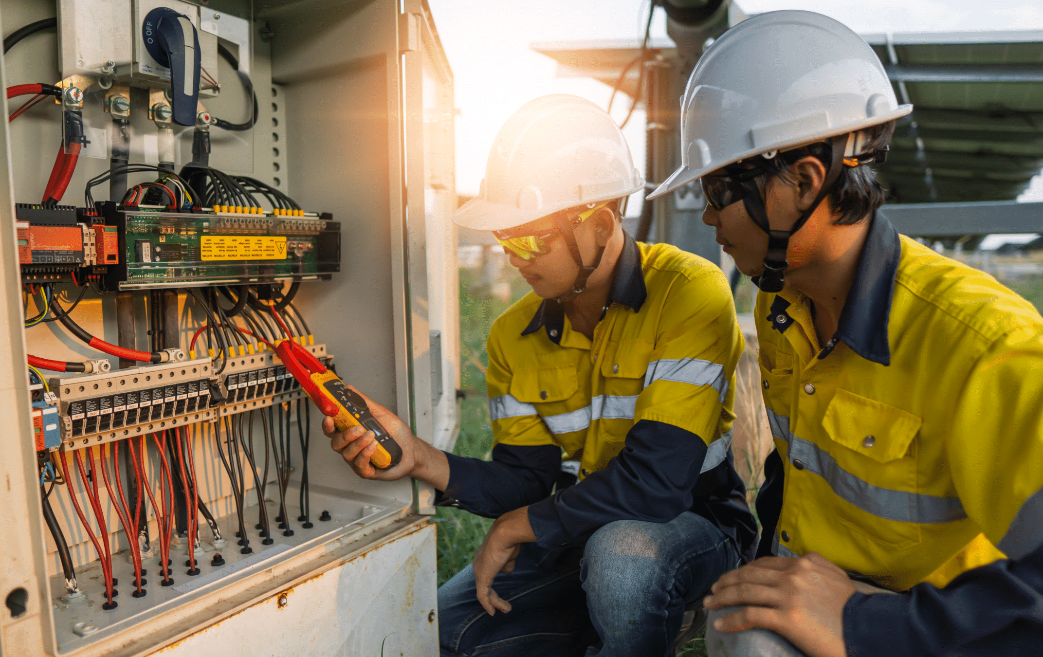 Os trabalhadores usam o medidor da braçadeira para medir a corrente dos fios elétricos produzidos da energia solar para confirmam à corrente normal